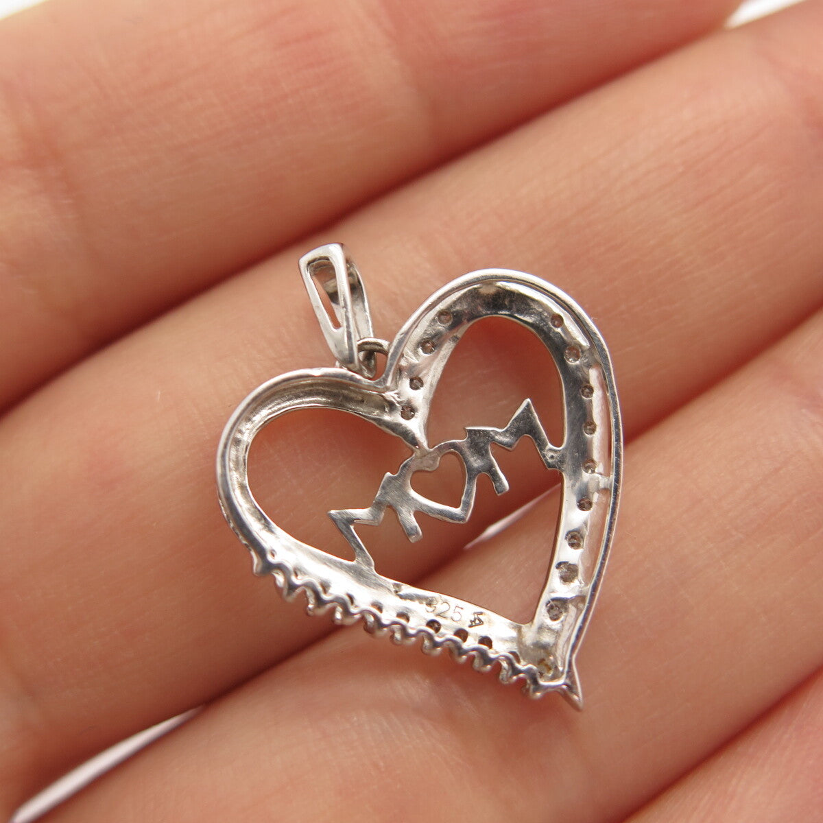 925 Sterling Silver Real Diamond "Mom" Love Heart Pendant