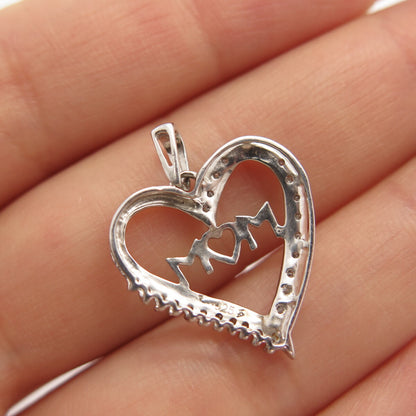 925 Sterling Silver Real Diamond "Mom" Love Heart Pendant