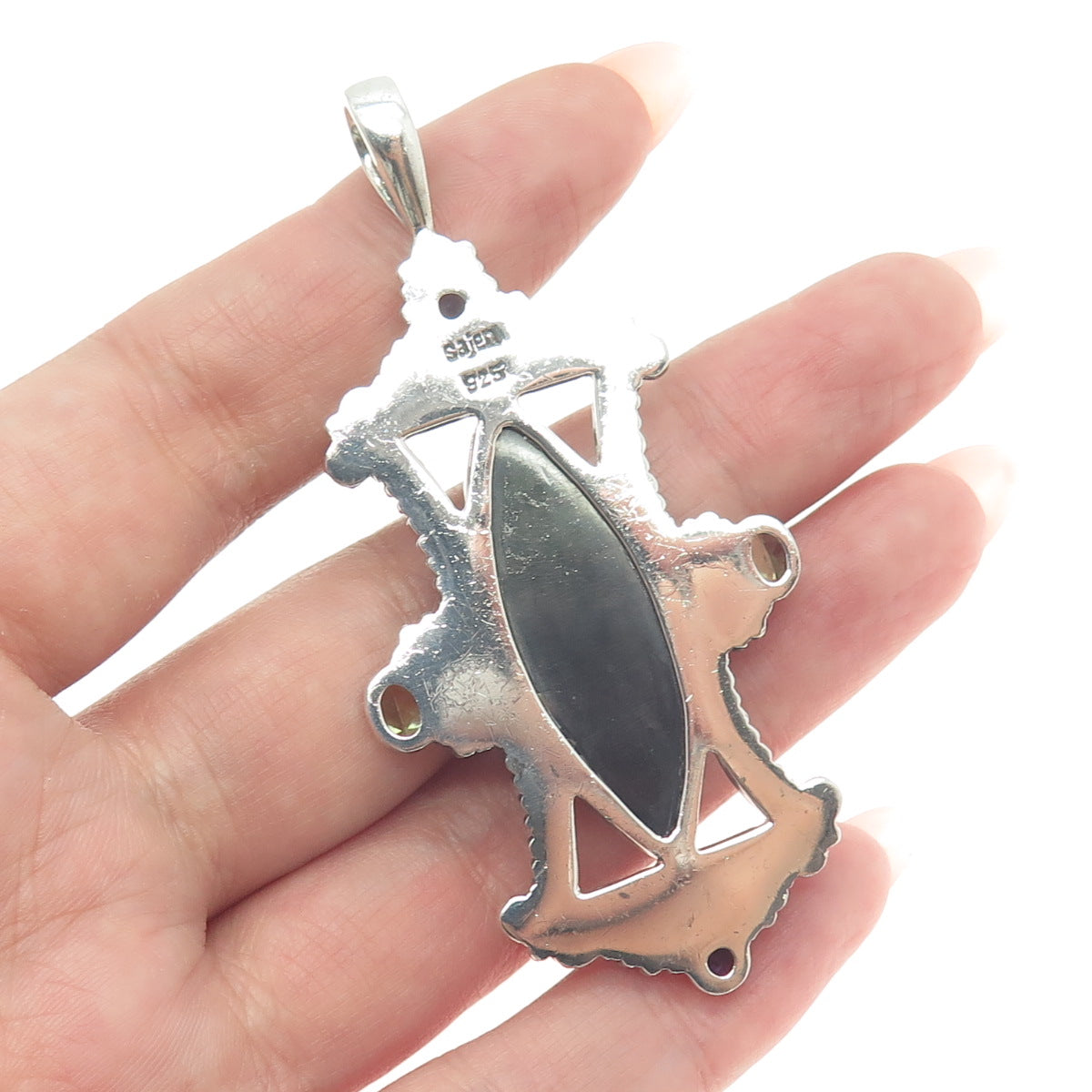 SAJEN 925 Sterling Vintage Abalone Shell Peridot & Amethyst Gem Ornate Pendant