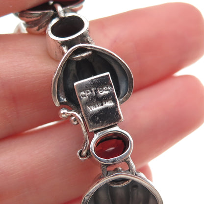 925 Sterling Silver Vintage Real Red Garnet Modernist Shell Link Bracelet 7.75"