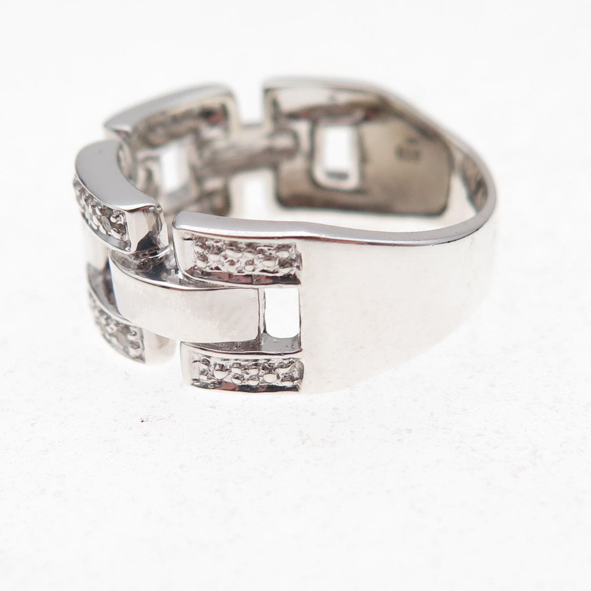 925 Sterling Silver Real Round-Cut Diamond Chain Link Ring Size 8