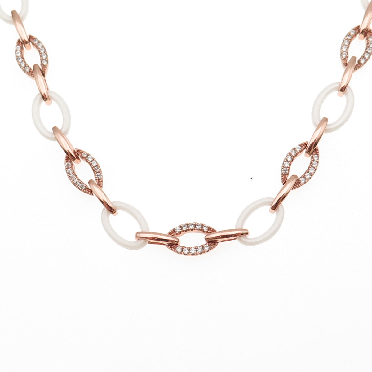925 Sterling Silver & Ceramic Rose Gold Plated C Z Oval Chain Necklace 16"