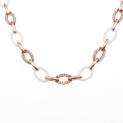 925 Sterling Silver & Ceramic Rose Gold Plated C Z Oval Chain Necklace 16"