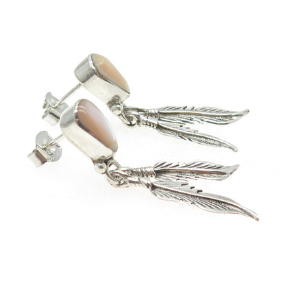 925 Sterling Silver Vintage Southwestern Mother-of-Pearl Ethnic Feather Earrings