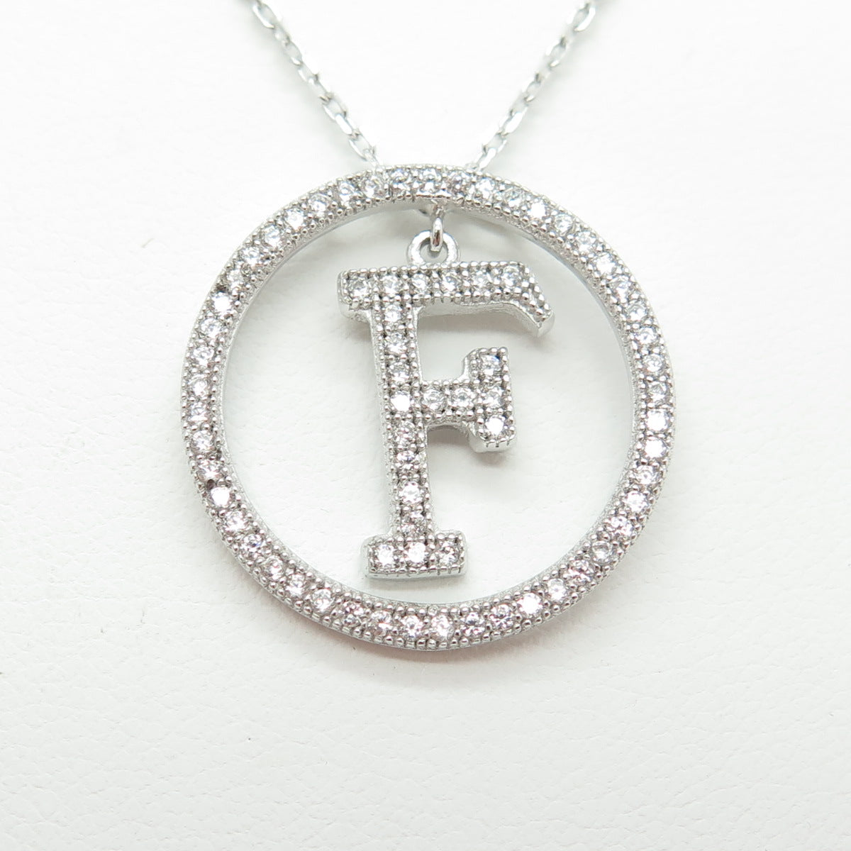 925 Sterling Silver Round-Cut C Z Letter "F" Initial Cable Chain Necklace 16-18"