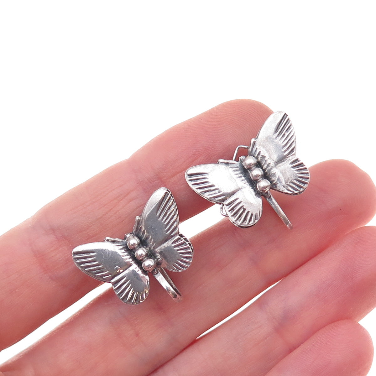 925 Sterling Silver Antique Art Deco Butterfly Repousse Screw Back Earrings