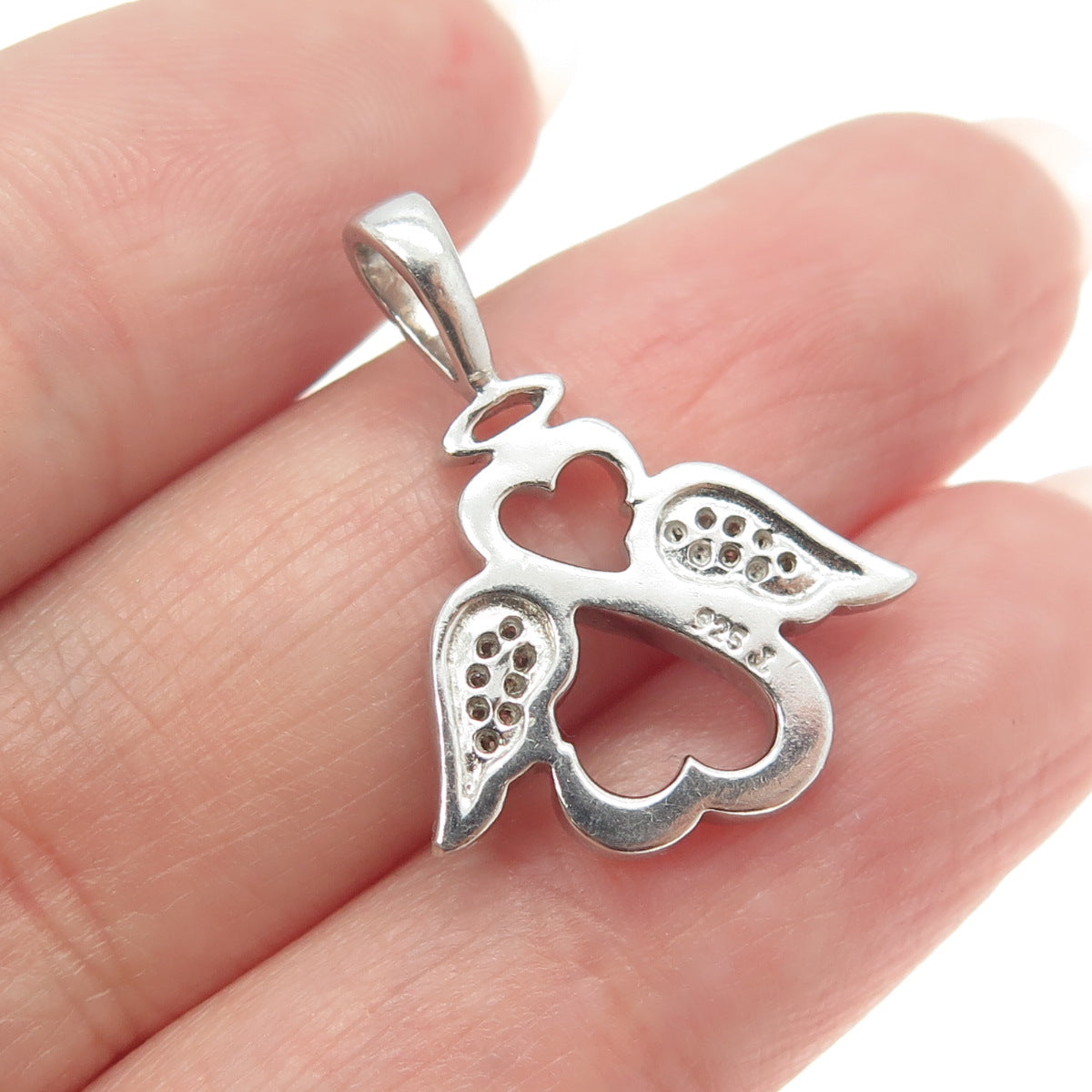 925 Sterling Silver Real Round-Cut Diamond Open Angel Heart Pendant