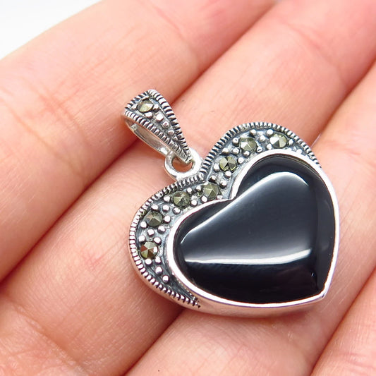 925 Sterling Silver Vintage Black Onyx & Marcasite Gem Art-Deco-Style Pendant
