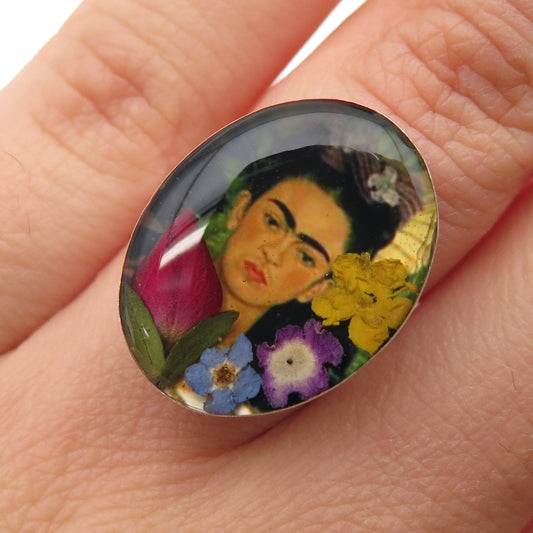 925 Sterling Silver Vintage Pressed Flower Frida Kahlo Portrait Ring Size 5.75