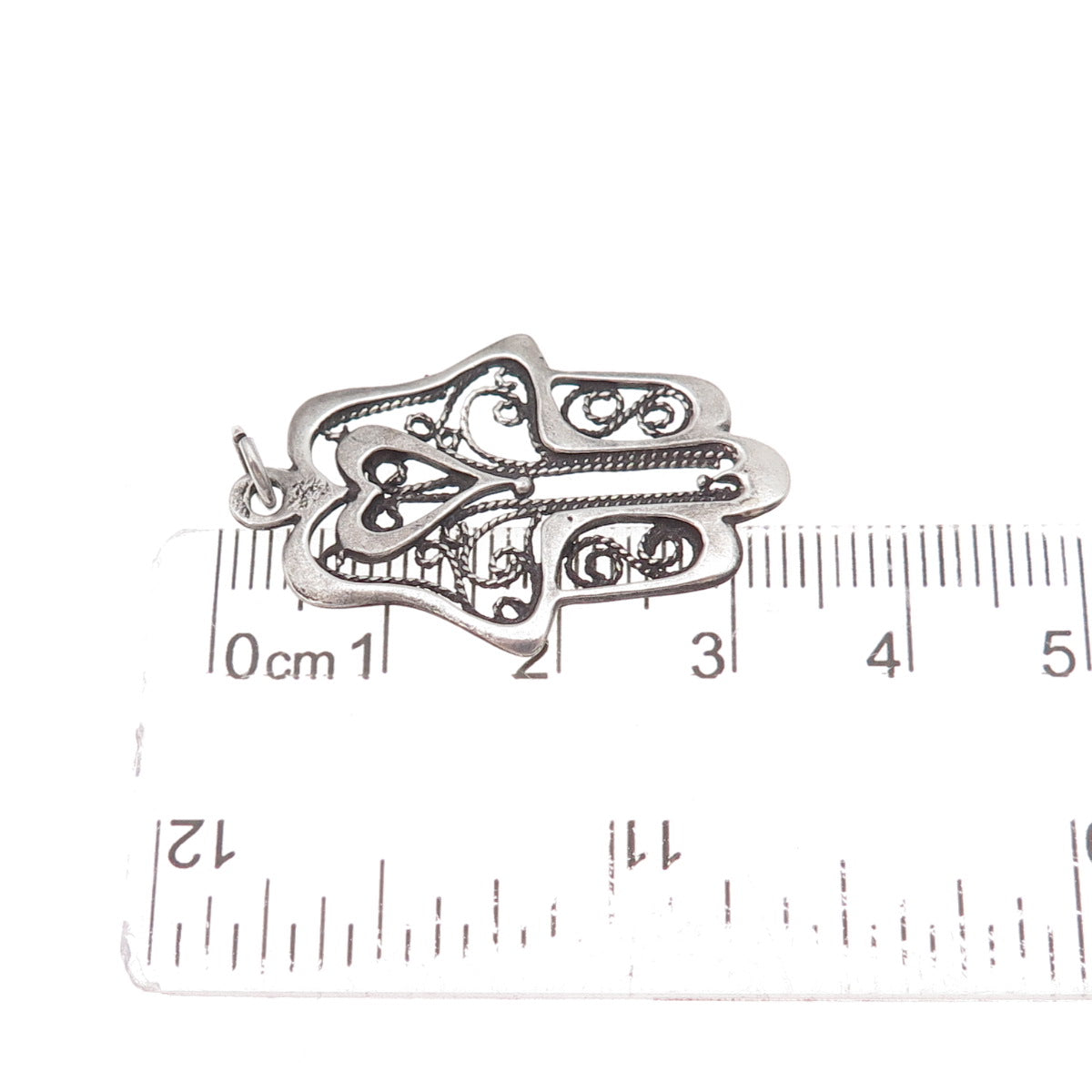 925 Sterling Silver Vintage Heart Hamsa Amulet Filigree Oxidized Charm Pendant