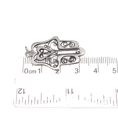925 Sterling Silver Vintage Heart Hamsa Amulet Filigree Oxidized Charm Pendant