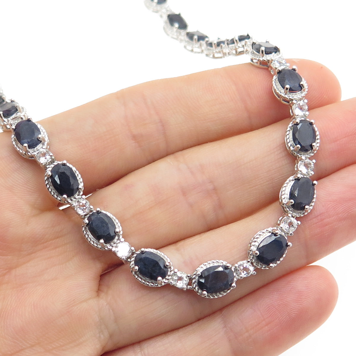 ROSS SIMONS 925 Sterling Silver Real Sapphire & White Topaz Chain Necklace 18"