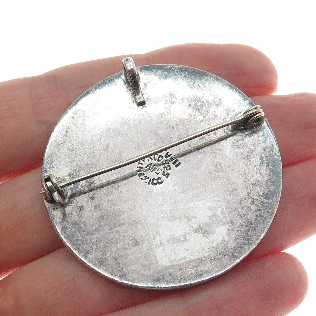 925 Sterling Silver Vintage Mexico Mayan Calendar Oxidized Pin Brooch / Pendant