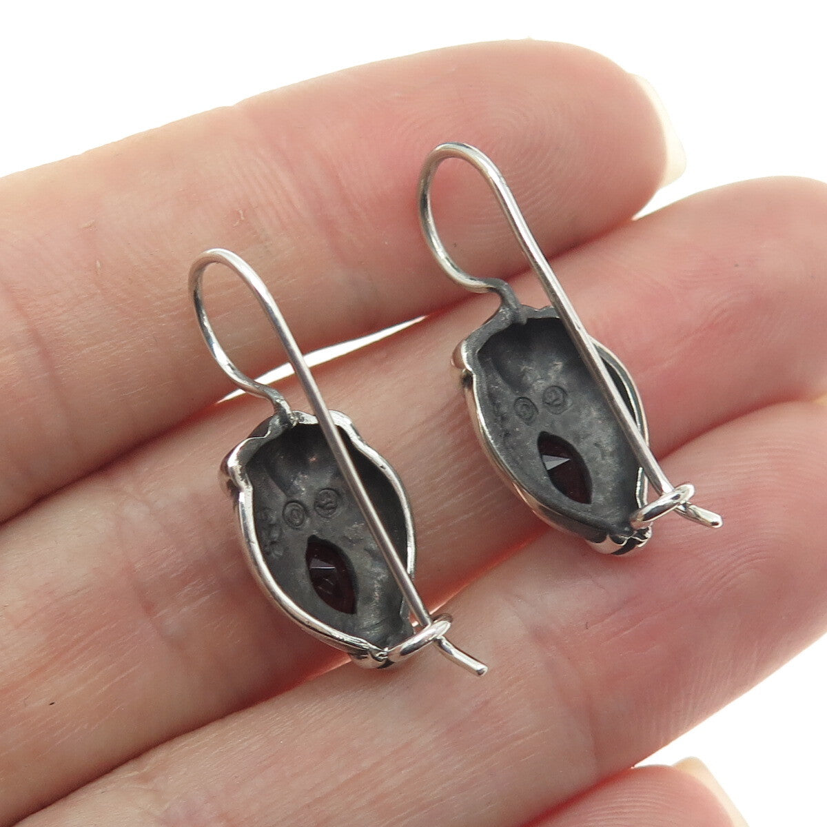925 Sterling Silver Vintage Real Pear-Cut Red Garnet Oxidized Earrings