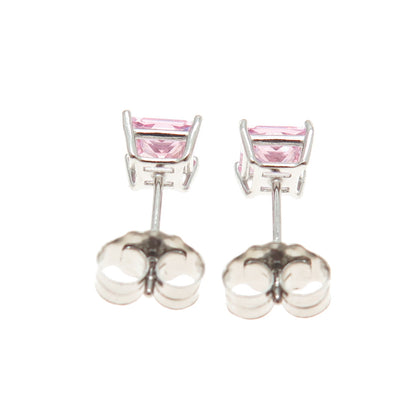 925 Sterling Silver Princess-Cut Shaped Pink C Z Stud Earrings