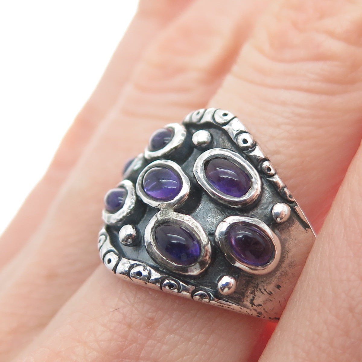 925 Sterling Silver Vintage Real Amethyst Cluster Oxidized Ring Size 8