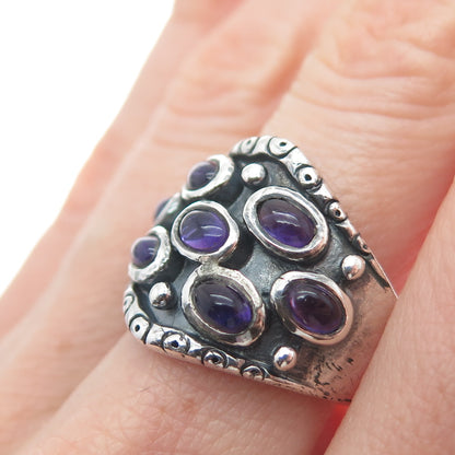 925 Sterling Silver Vintage Real Amethyst Cluster Oxidized Ring Size 8