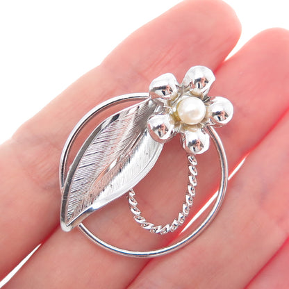 CURTIS CREATIONS Sterling Silver Antique Art Deco Real Pearl Flower Pin Brooch