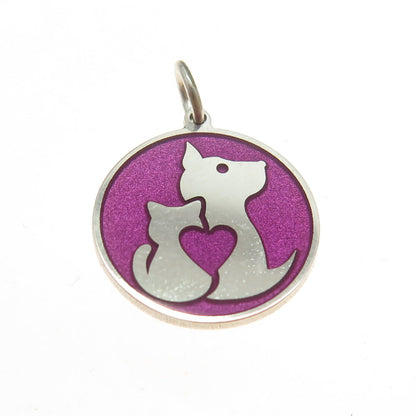 925 Sterling Silver Purple Enamel Dog & Cat Friendship Minimalist Charm Pendant