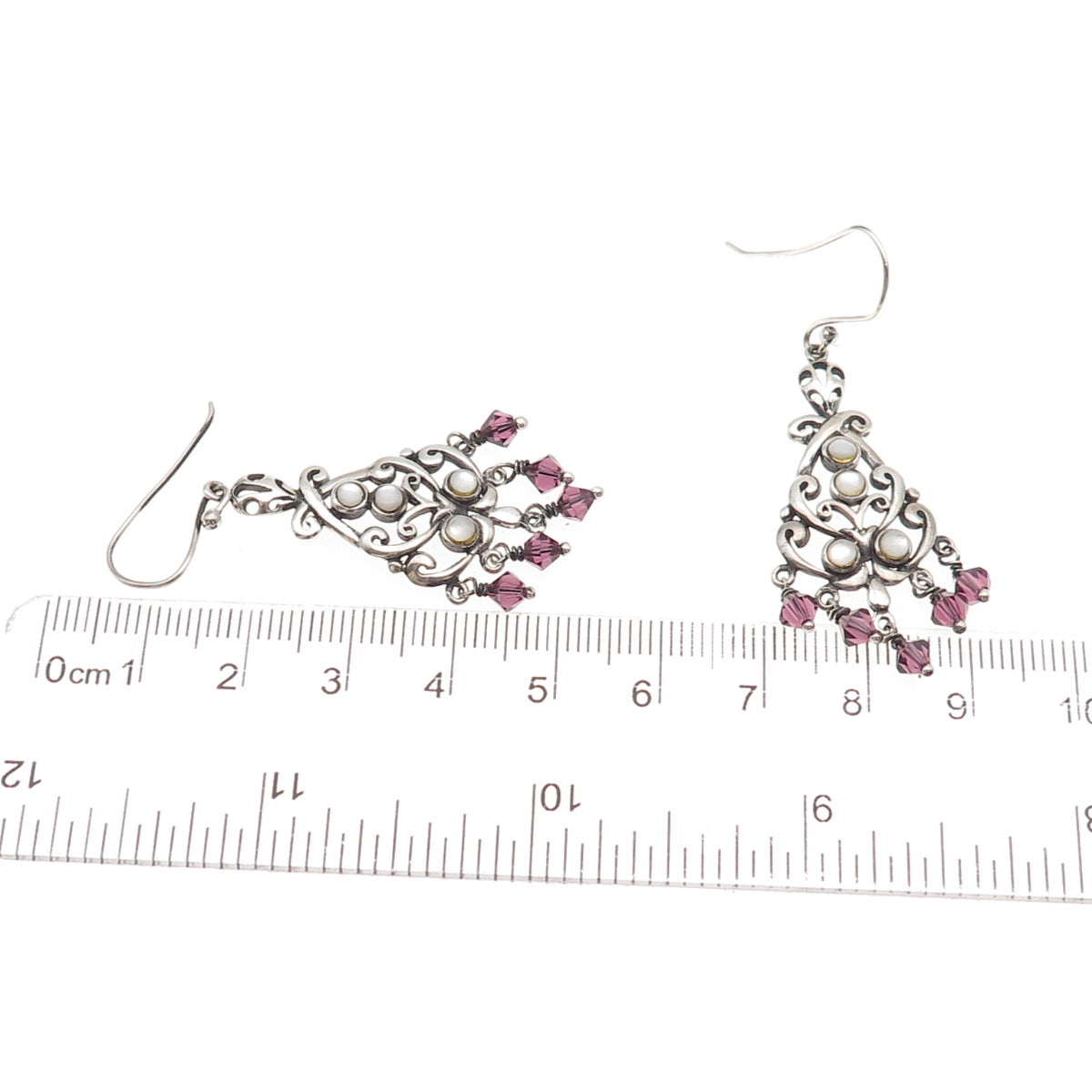925 Sterling Silver Vintage Real MOP & Amethyst Chandelier Dangle Earrings