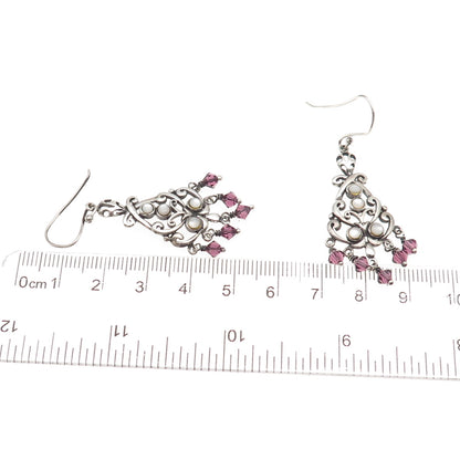 925 Sterling Silver Vintage Real MOP & Amethyst Chandelier Dangle Earrings