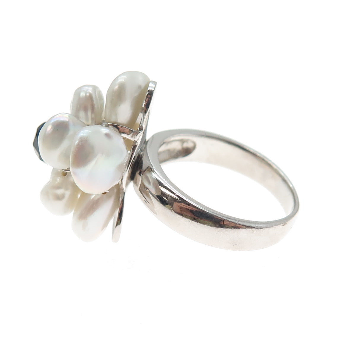 925 Sterling Silver Vintage Real Baroque Pearl Black Onyx Flower Ring Size 9.25