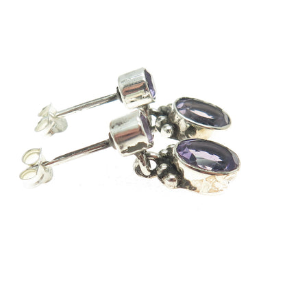 925 Sterling Silver Vintage Real Amethyst Gemstone Beaded Dangle Earrings