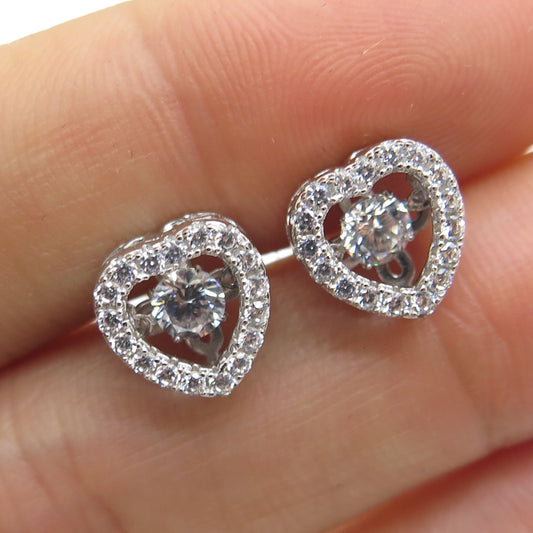 925 Sterling Silver Round-Cut C Z Heart Stud Earrings