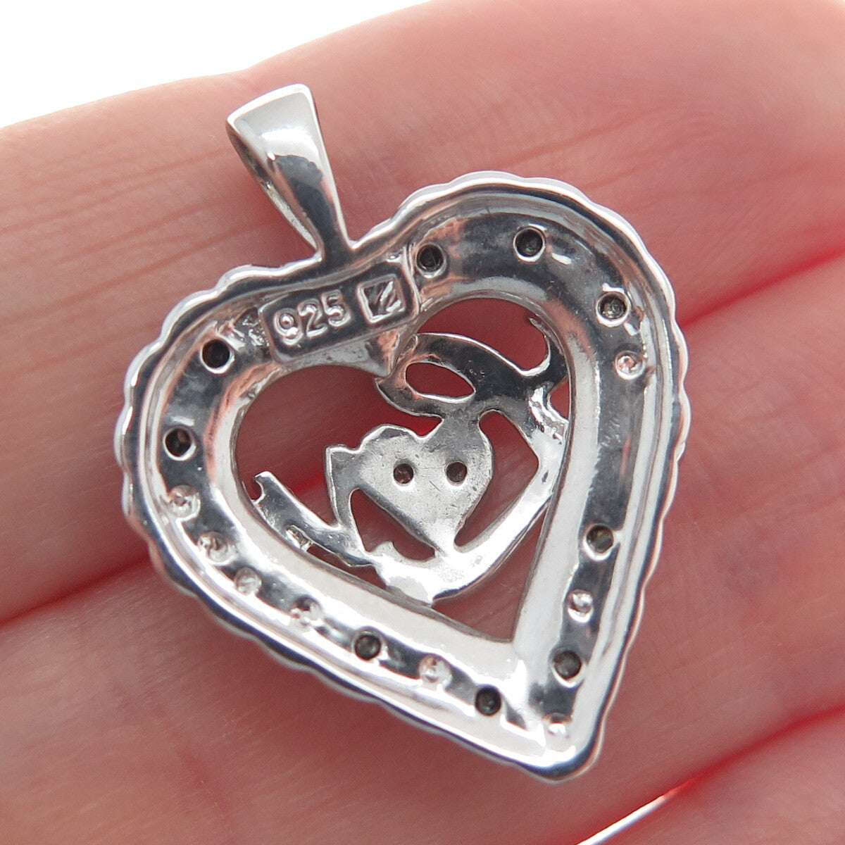 925 Sterling Silver Real White & Black Diamond "Love" Heart Pendant
