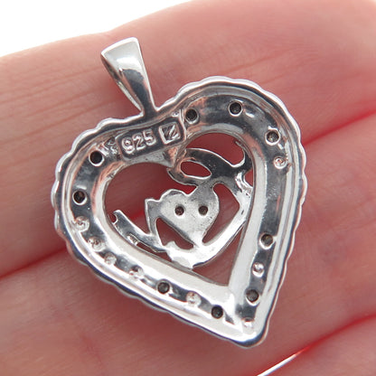 925 Sterling Silver Real White & Black Diamond "Love" Heart Pendant