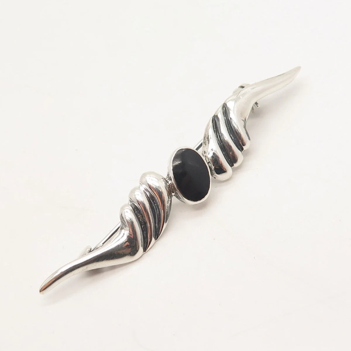 925 Sterling Silver Vintage Real Black Onyx Gemstone Ribbed Pin Brooch