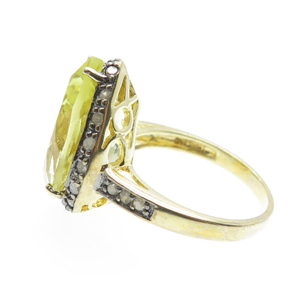 925 Sterling Silver Gold Plated Diamond & Pear-Cut Citrine Gem Ring Size 8.25