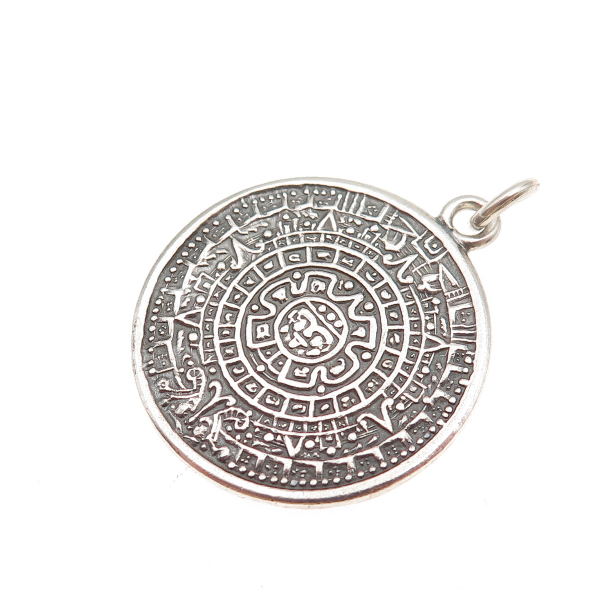 925 Sterling Silver Vintage Mayan Calendar Oxidized Charm Pendant
