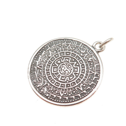925 Sterling Silver Vintage Mayan Calendar Oxidized Charm Pendant