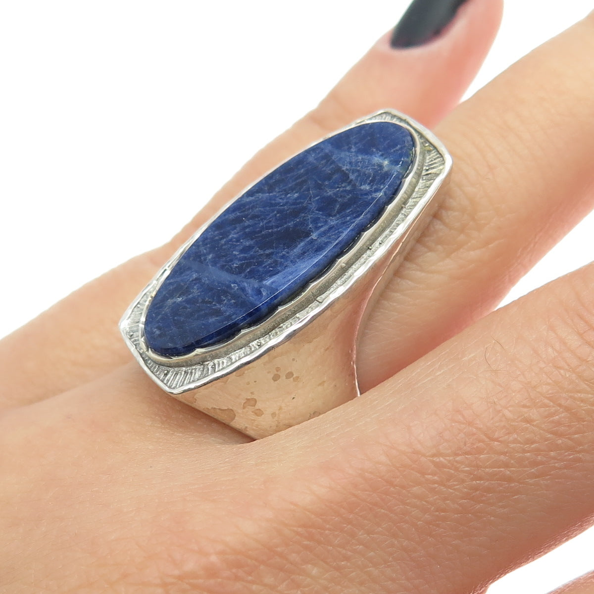 925 Sterling Silver Vintage Real Sodalite Modernist Statement Ring Size 7.5