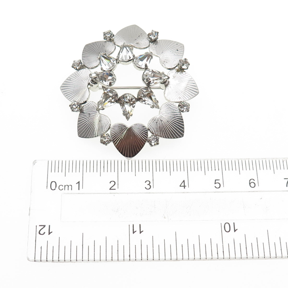 CARL ART 925 Sterling Silver Antique Art Deco Rhinestone Heart Pin Brooch