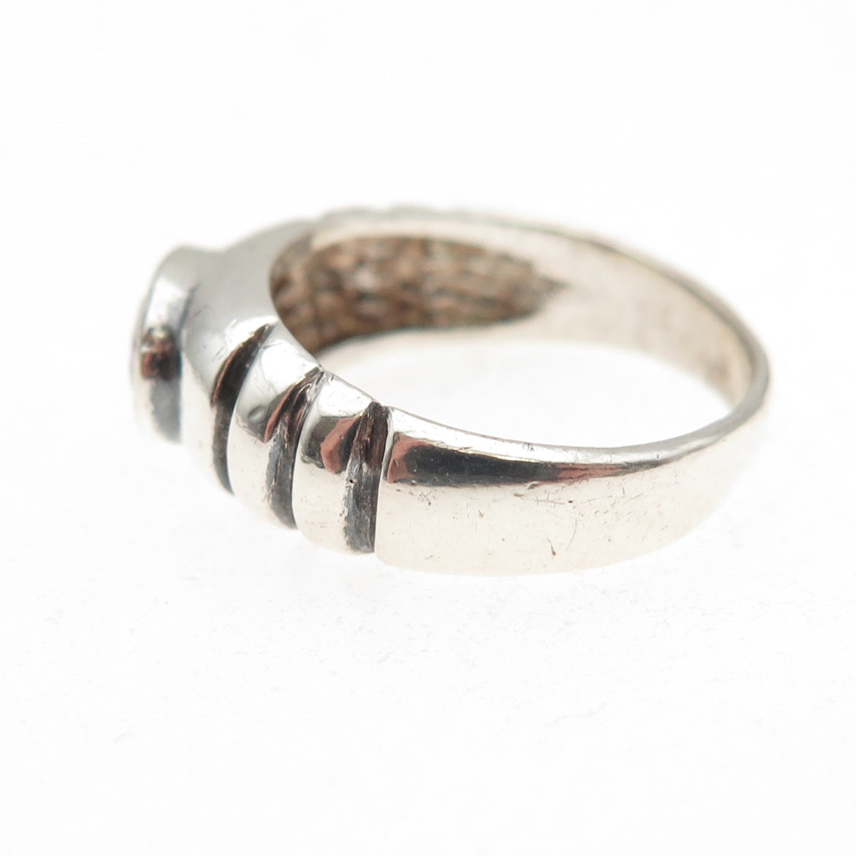 925 Sterling Silver Vintage Real Amethyst Modernist Oxidized Ring Size 4.75