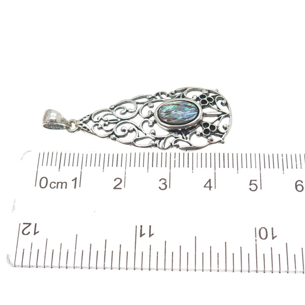 NEVADA 925 Sterling Silver Vintage Real Abalone Shell Ornate Teardrop Pendant