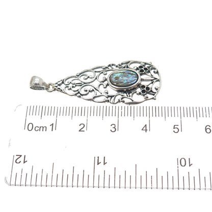 NEVADA 925 Sterling Silver Vintage Real Abalone Shell Ornate Teardrop Pendant