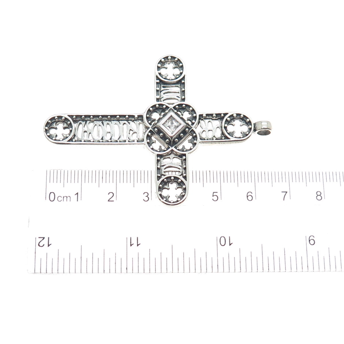 925 Sterling Silver Vintage Princess-Cut C Z Cross Oxidized Slide Pendant
