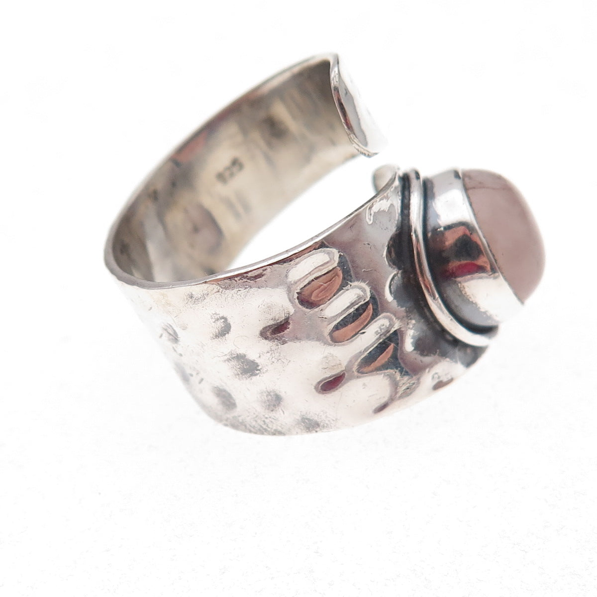 925 Sterling Silver Vintage Real Rose Quartz Hammered Adjustable Ring Size 7.5