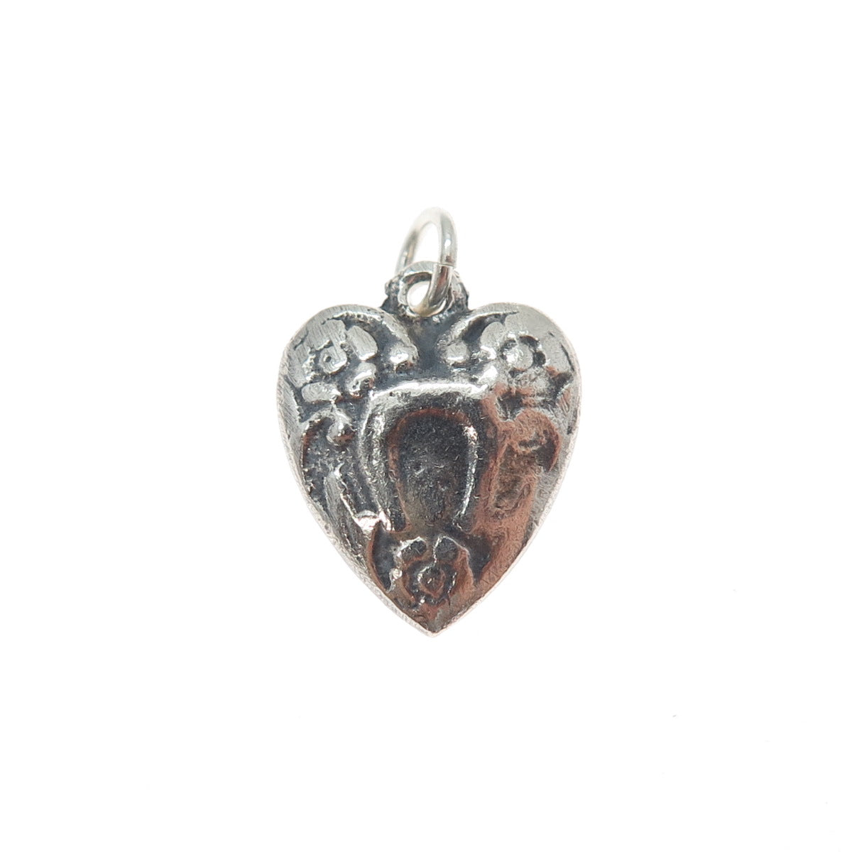 925 Sterling Silver Antique Floral Heart Oxidized Chatelaine Minimalist Pendant