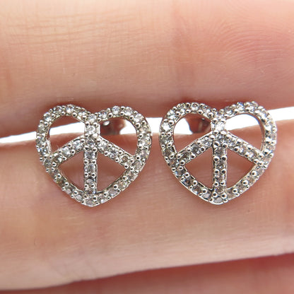 925 Sterling Silver Round-Cut C Z Peace Symbol Heart Stud Earrings