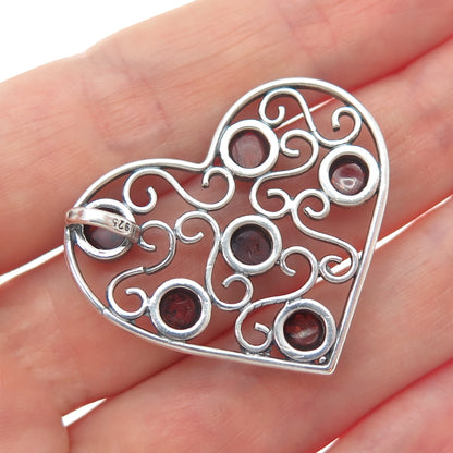 925 Sterling Silver Vintage Real Amber Modernist Swirl Heart Slide Pendant