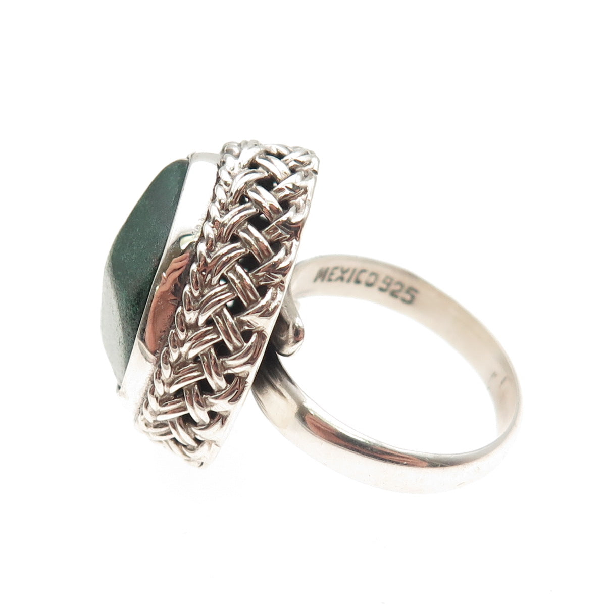 925 Sterling Silver Vintage Mexico Real Malachite Modernist Ring Size 7.75