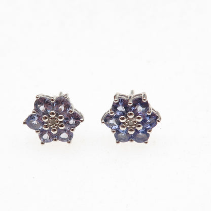 925 Sterling Silver Real Round-Cut Diamond & Tanzanite Floral Stud Earrings