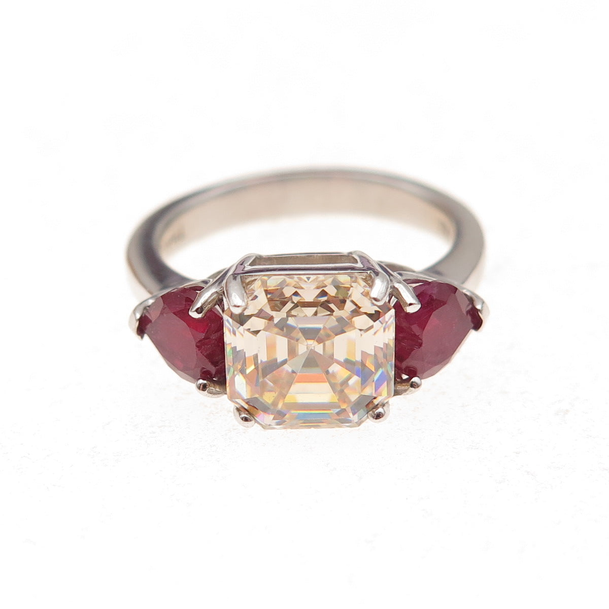 925 Sterling Silver Real Pear-Cut Ruby & Asscher-Cut C Z Ring Size 6