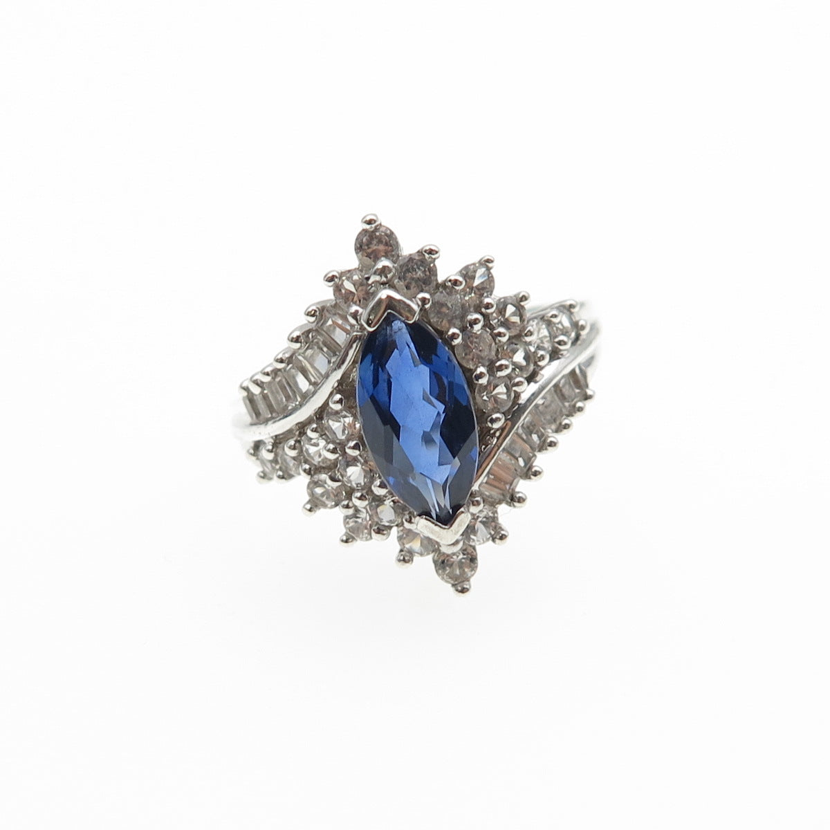 JH YOUNG 925 Sterling Silver Lab-Created Sapphire & White Topaz Ring Size 5.5