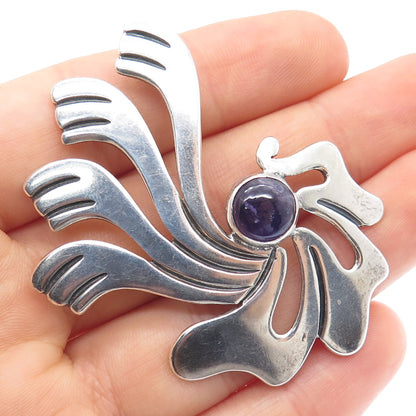 925 Sterling Silver Vintage Mexico Real Amethyst Modernist Pin Brooch