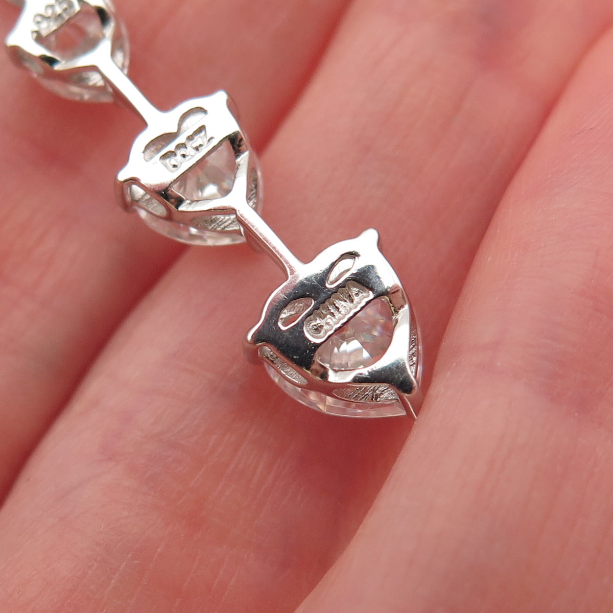 925 Sterling Silver Heart-Cut Graduated C Z Drop Charm Pendant